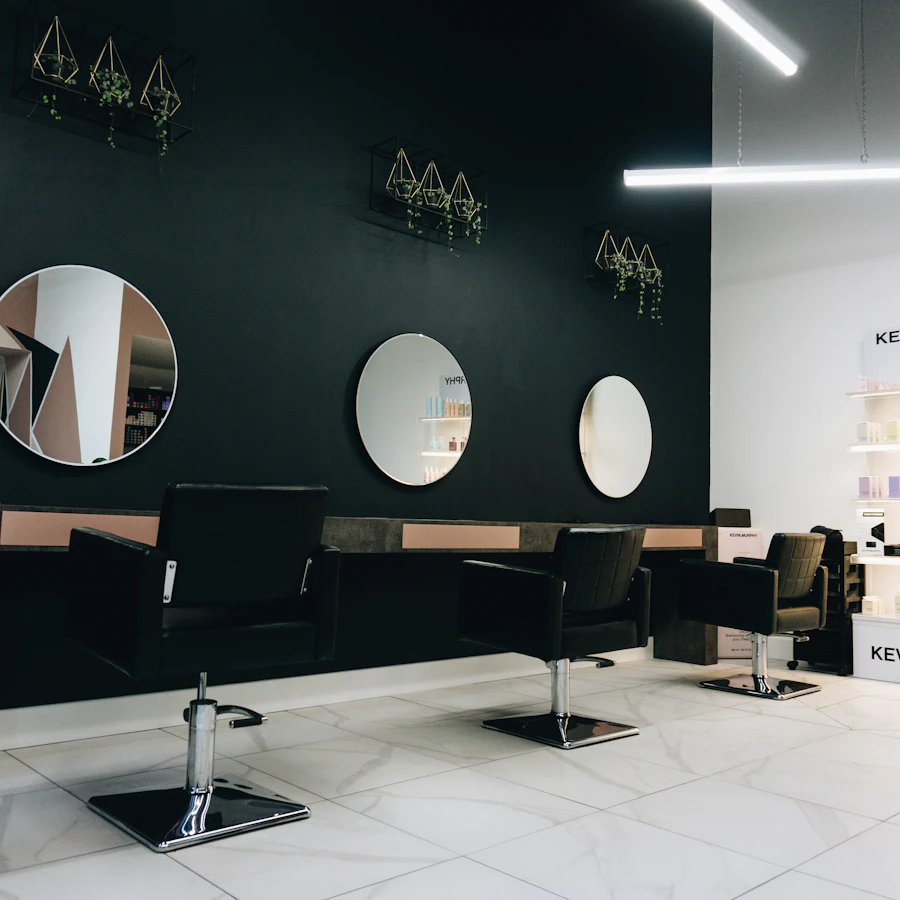 The studio floor with mirrors and product wall